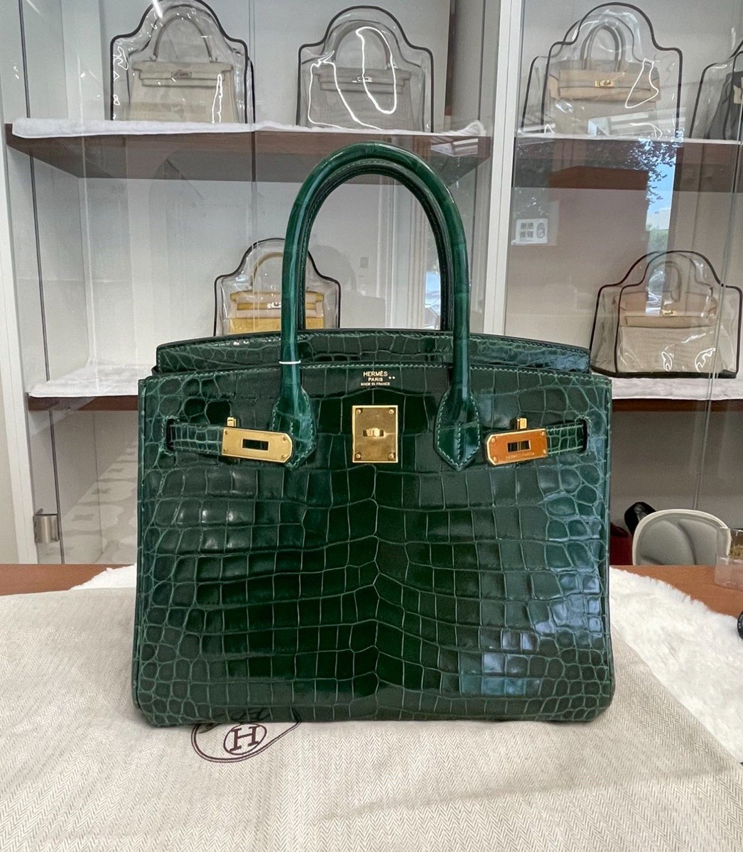 Birkin 30 Emerald Crocodile Niloticus Stamp N Gold Hardware Full