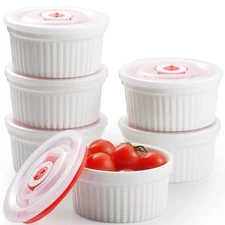 Ramekins with Lids 8 oz White Creme Brulee Ceramic Oven Safe Pudding Cups Set