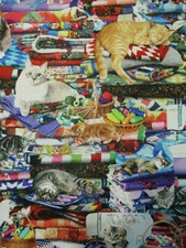 CATS ON QUILTS CAT FABRIC PILES BRIGHT KITTY COTTON FABRIC BTHY