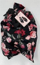 NWT Victoria's Secret Faux Fur Trim Satin Slide Slipper Black Peony Floral M