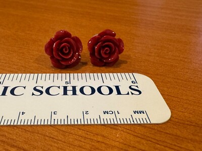 Dark Red Rose Stud Earrings - plastic - 0.6 in/17 mm