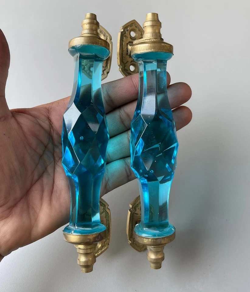 Manija de puerta de vidrio y latón 2 piezas estilo antiguo 6,5"" cristal/azul cortado coleccionable Foto 2 de 4