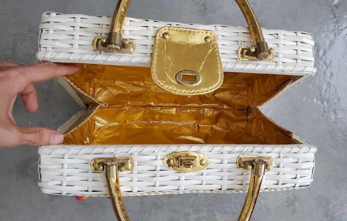 Vintage 50s 60s Magid Novelty Purse Bag Wicker Rattan White Fruits