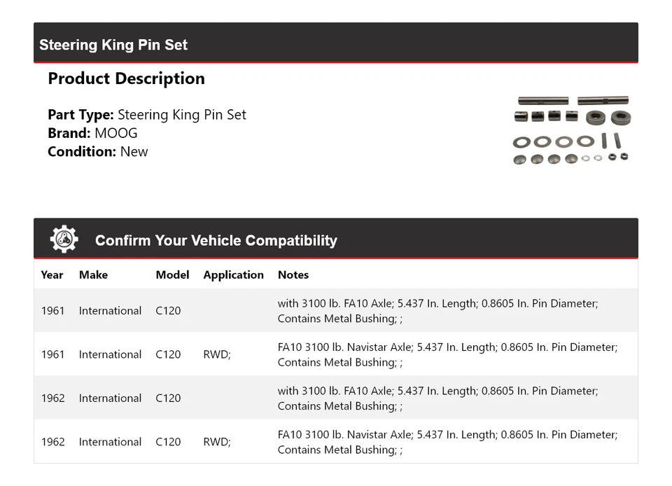 Juego de pasadores de dirección para International C120 1961-1962 MOOG Foto 2 de 4