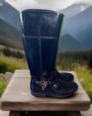 Women’s Sz Michael Kors Fulton Tall Harness Rubber Rain Boots Waterproof  Blue