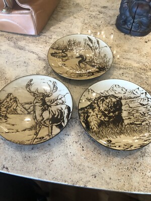 Three Fantastic 10” Mossy Oak Pottery Dinner Plates Duck Elk Bear