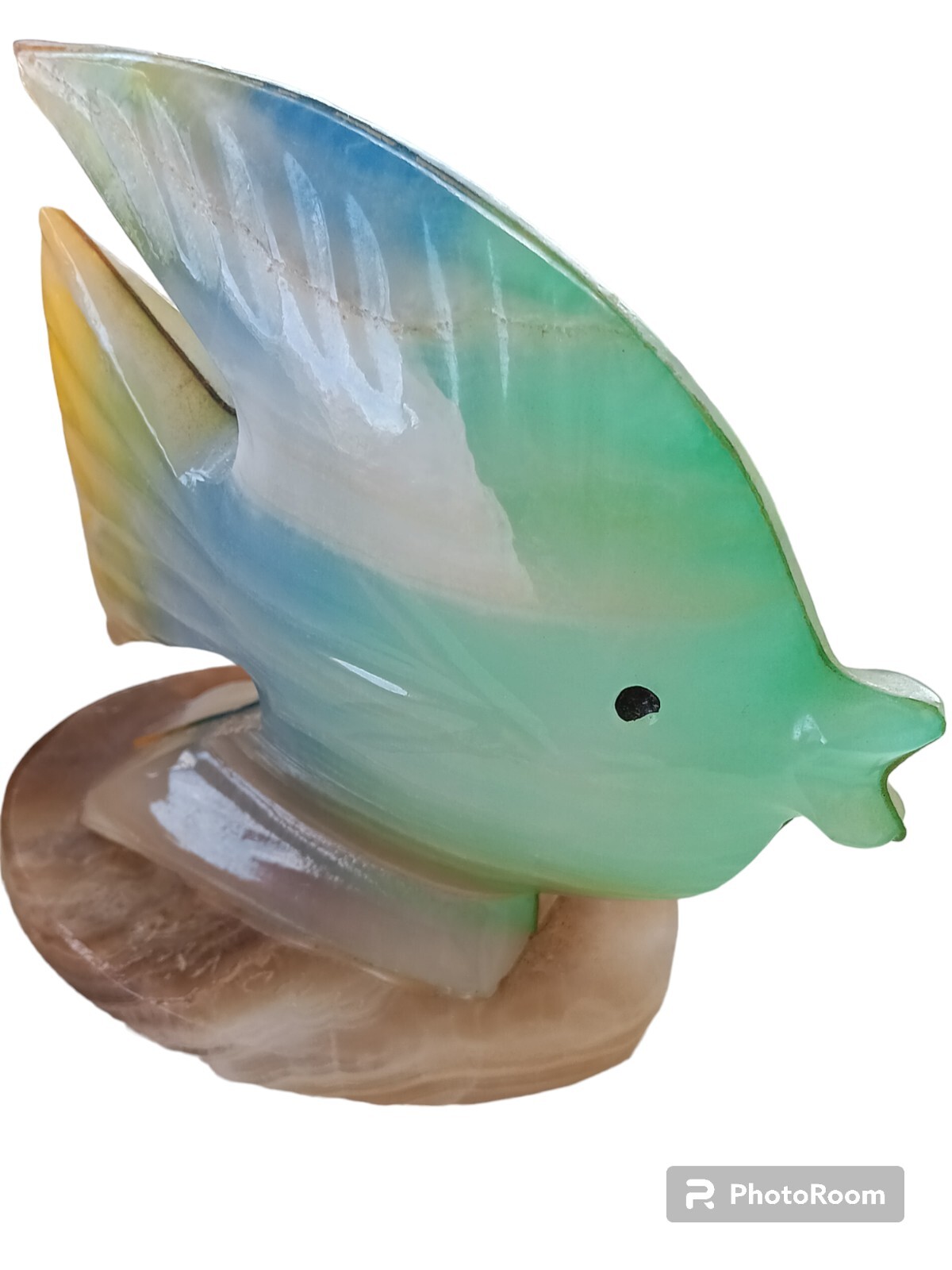 Angel Fish Alabaster Sculpture Green, Blue And Yellow Figuerine