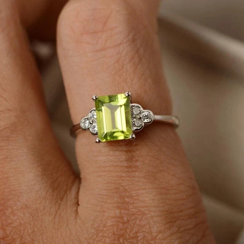 2.00 Ct Natural Peridot & Diamond Valentine's Day Ring 14K Real White Gold Solid - Image 2 of 4
