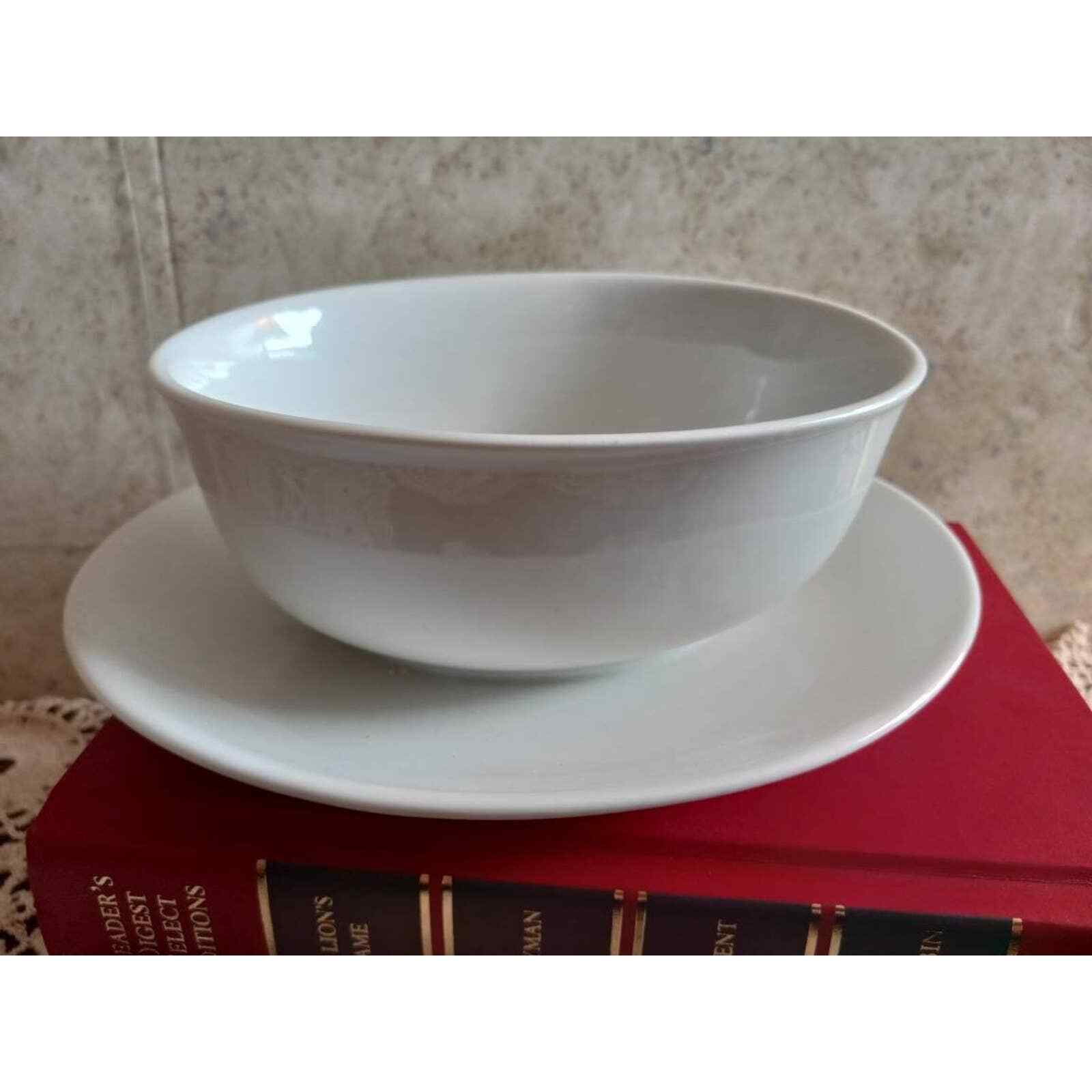Vintage German All White Gravy Bowl with attached Plate, Sauce Bowl
