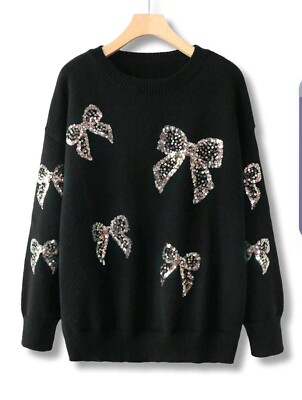 Plus Size Übergröße Pullover Pulli Pailletten Schleifen Sweater 44-50