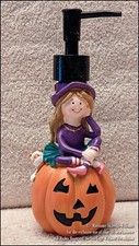NEW HALLOWEEN GIRL DRESSED AS WITCH ON JACK O LANTERN LIQUID SOAP DISPENSER