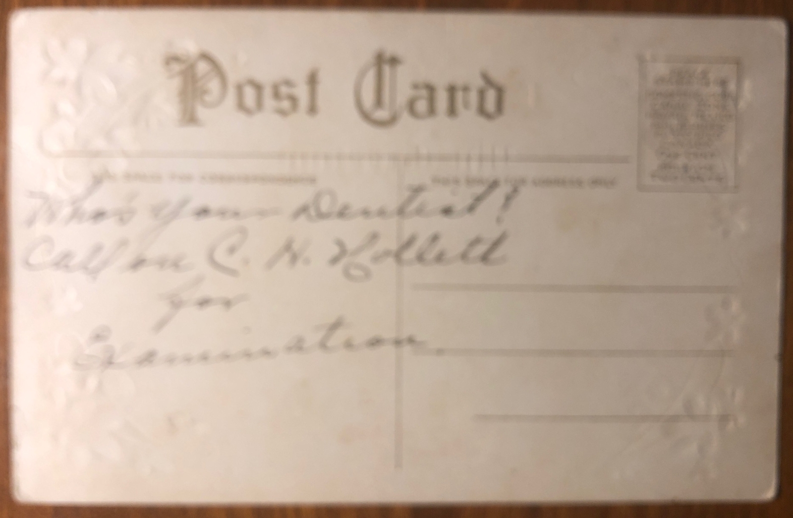 Postcard, “My Greeting” Poem, Embossed Hearts, Flowers, Hand Written