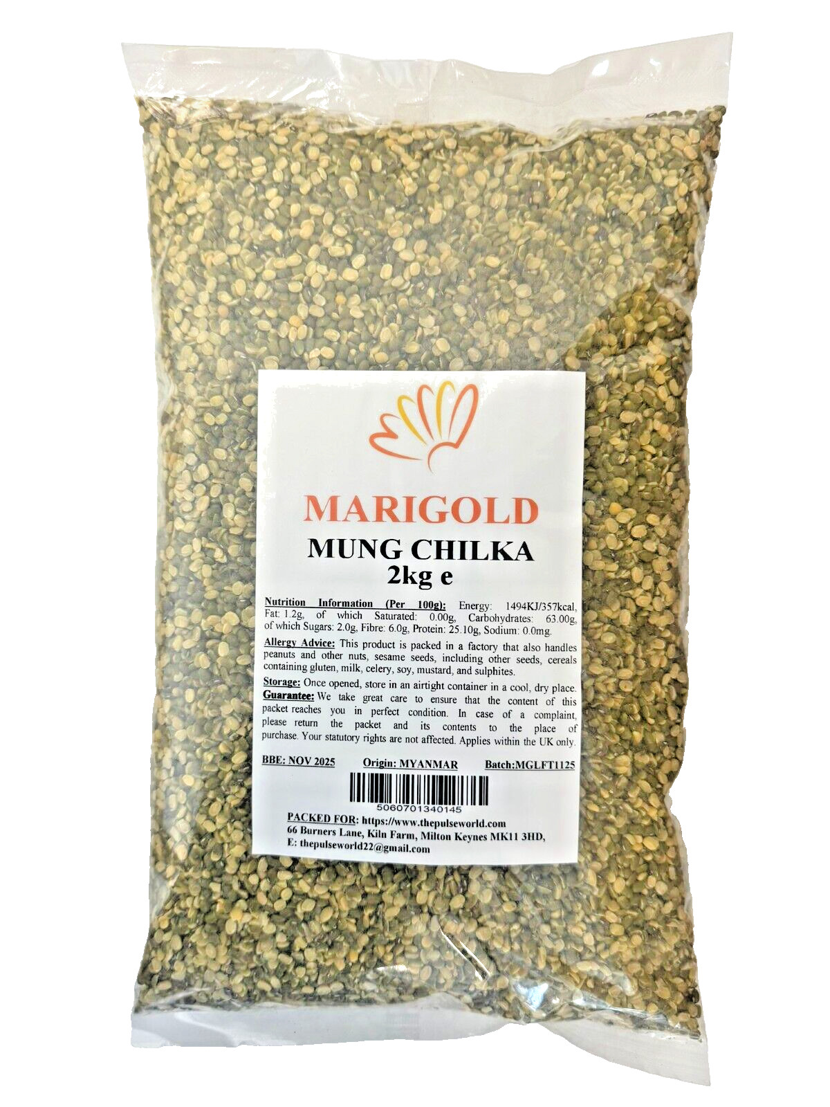 Marigold Mung Chilka 2KG- Split Green Mung Beans With Skin