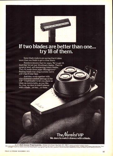 Norelco VIP Electric Shaver 18 Blades Tripleheader Shave Vintage Print Ad 1973