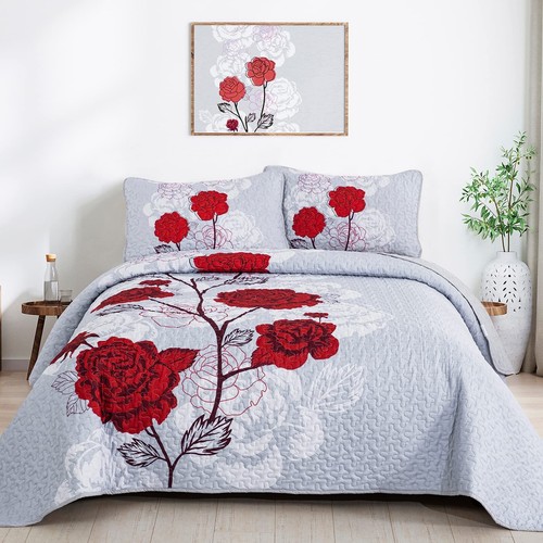 3 Piece Floral F /Q Quilt Bedspread Microfiber Bedding Set Lightweight 90X78