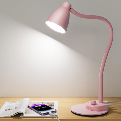 Cute Pink Desk Lamp with USB Charging Port, 3 Color Modes, Dimmable, Flexible Go