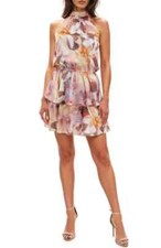 NWT Socialite Tiered Halter Satin Minidress, Blurred Multi Floral, Size L