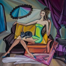 Handmade Original Acrylic Painting – Huge 36x36 – "Woman with a Cat" – Framed 