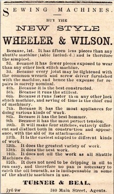 Turner & Beal New Style Wheeler & Wilson 1871 Worcester MA Clipping TAJ8-M19