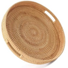11.8'' Hand-Woven Round Rattan Serving Tray Decorative Wicker 11.8" Natural