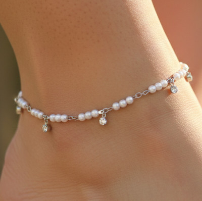 Elegant Pearl Silver Tone Anklet 925 Silver Plated Brass Chain Anklet For Her