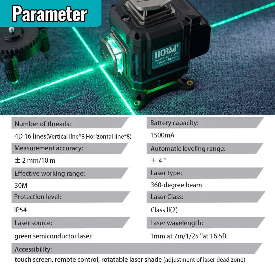 Hormy 4D 激光水平 360° 自调平带遥控器 30M 范围 — 第 3/4 张图片