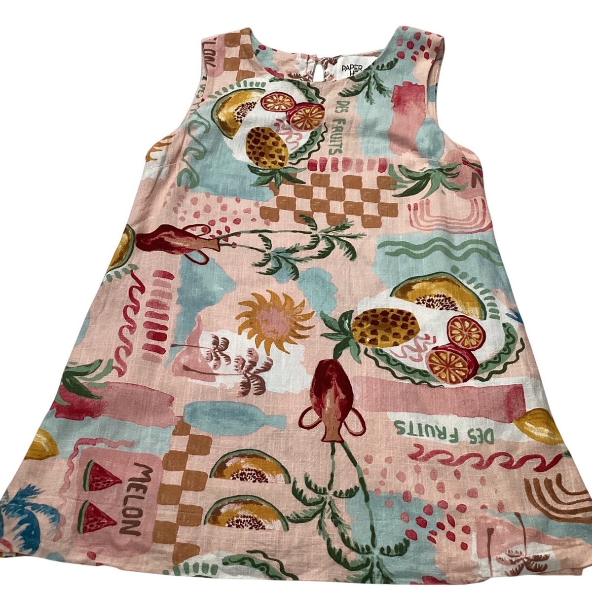 Paper Heart Pink Fruit Print Linen Blend Sleeveless Shift Dress Womens  Medium