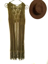 Sun & Shadow Olive Green Long Sweater Vest Cardigan Shawl Overlay S Boho Crochet