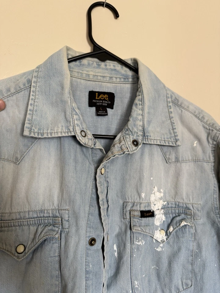 VTG Vintage Thrashed Repaired Lee Painter Denim Shirt Pearl Snap Western Size M - Image 3 of 4