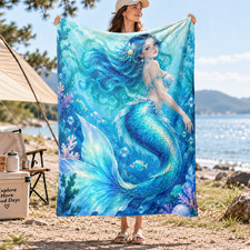 Blue Haired Mermaid Coral Fleece Blanket Ocean Fantasy Decor
