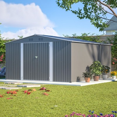 12' x 14' Outdoor Metal Storage Shed Large Garden Shed with Lockable Doors Gray