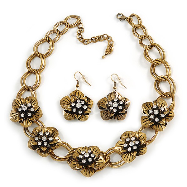 Vintage Diamante Flower Choker Necklace & Drop Earring In Antique Gold Metal -