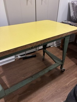 Yellow Laminate Top Rectangular Work Table Green Metal Base Wheels 36x20x29in