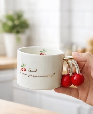 2er Set Kirsche Keramik Tassen 3D Obstgriff hochästhetisch Kaffee Tee Tassen Geschenk