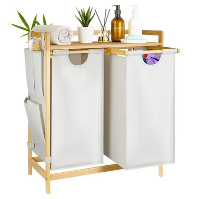 Bamboo Laundry Basket 2 Compartments Laundry Hamper Sorter with Shelf