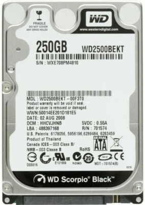 FESTPLATTE WD SCORPIO BLACK 250GB 7200U/min 16MB CACHE SATA WD2500BEKT 2.5'' Zoll