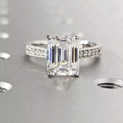 3.45Ctw Emerald Real Moissanite Solitaire Engagement Ring 14K White Gold Plated
