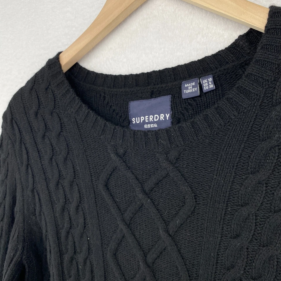 SUPERDRY Suéter Mujer 6 Lana Cachemira Pescador Cable Jersey Negro Foto 2 de 4