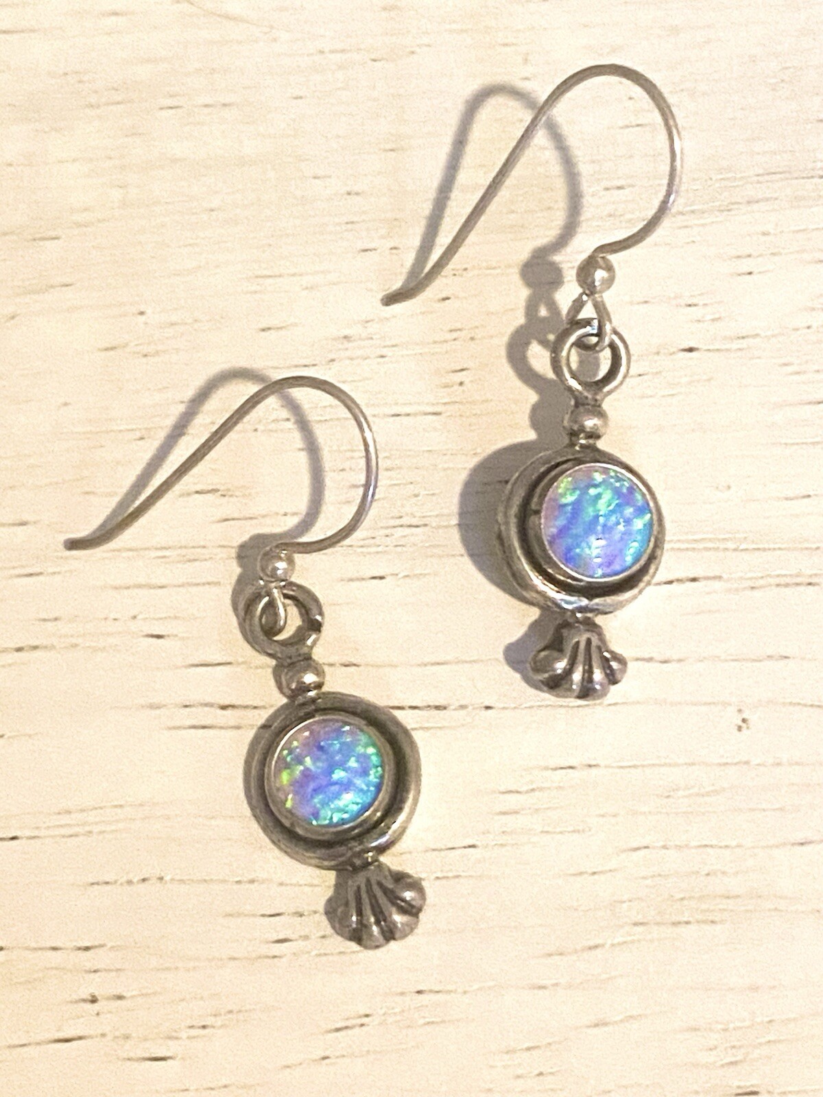 5 Star White Fire Opal (Lab) Earrings Sterling Silver 925 Dangle French Wire