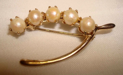 Vintage Gold Tone Faux Pearl Good Luck Lucky Wishbone Costume Jewelry Brooch Pin