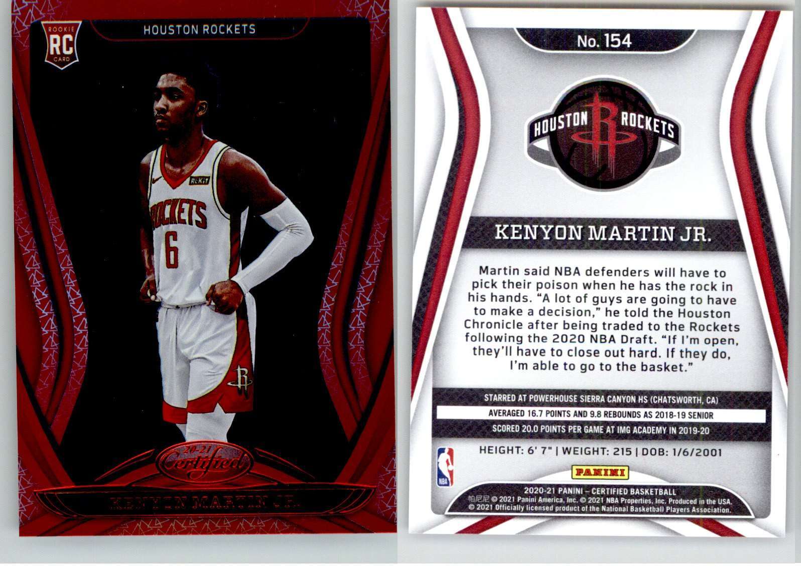 Kenyon Martin Jr. 2020-21 Certified Mirror Red #154 Rockets RC Rookie