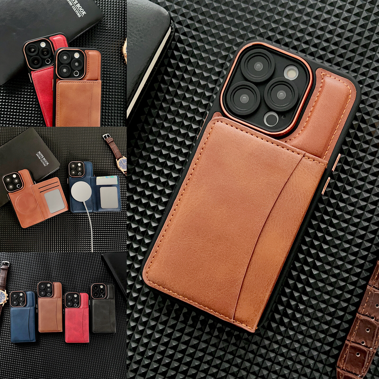 For iPhone 15 14 13 12 11 Leather Back Flip Holder Card Slots Magsafe Phone Case