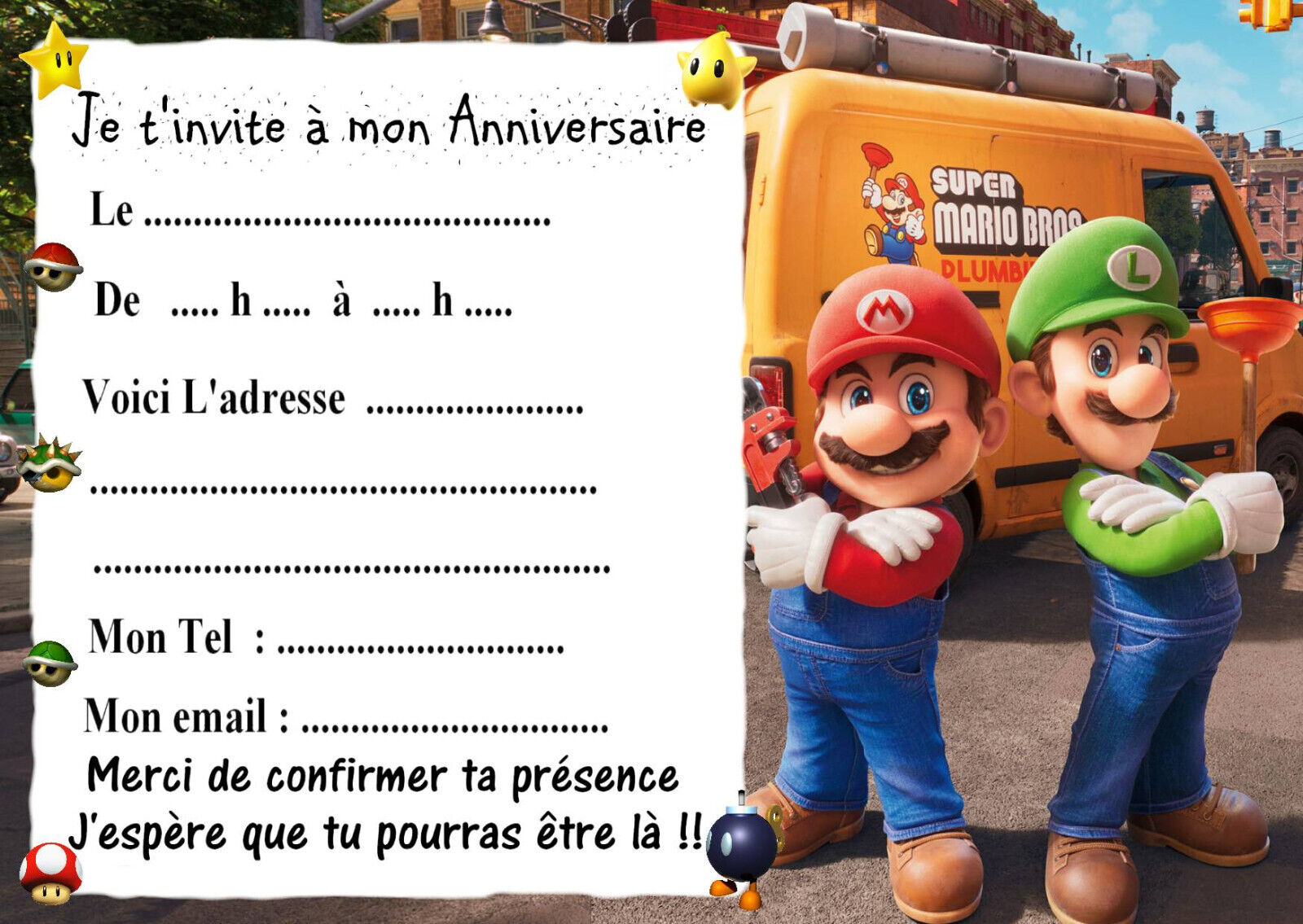 10 cartes invitation anniversaire avec/sans enveloppe Super Mario Bros Film  R131