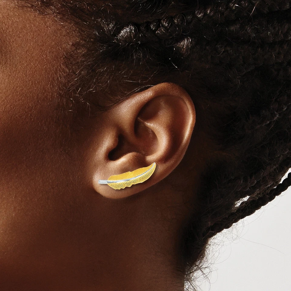 14k Two-Tone Gold Polished Feather Ear Climber Earrings - Image 3 of 4