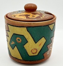 Peruvian Folk Art Red Clay Etched Hand Painted Pottery Lidded Condiments Jar