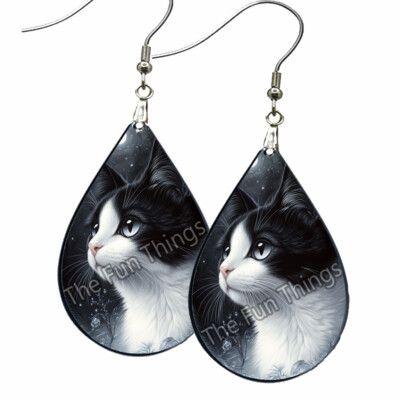 Night Sky Tuxedo Cat Earrings Teardrop NO TARNISHING Wood Air Brush Art Print
