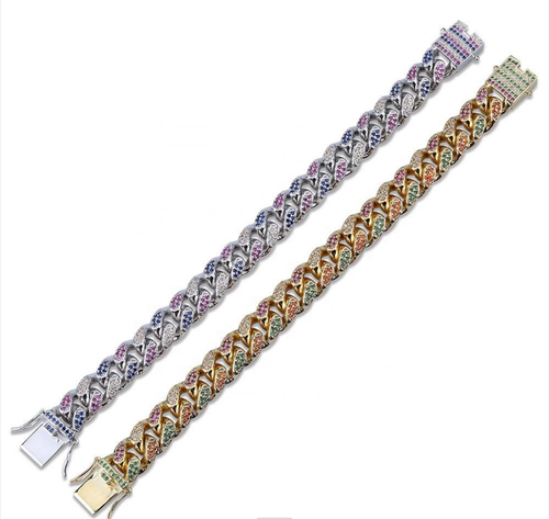 Ice Out 14MM Miami Cuban Link Bracelet 14k Gold Finish Bling Down - Rainbow - Picture 5 of 9