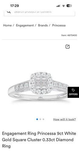 H Samuel Princessa 9ct White Gold 0.33ct Diamond Square Cluster Ring Engagment - Picture 8 of 8