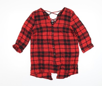 River Island Damen rot kariert Viskose Basic Knopfleiste Größe 10 V-Ausschnitt