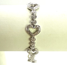 Solid .925 Sterling Silver 7.5 in. Link Bracelet W/ Colorless Stone of Hearts